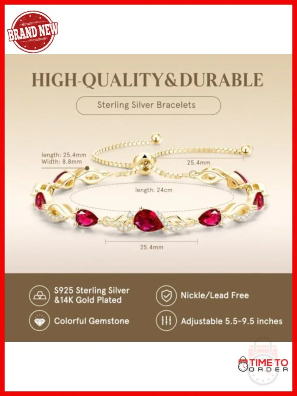 14K Gold Plated Sterling Silver Adjustable Slider Tennis Bracelet Ruby Gemstone
